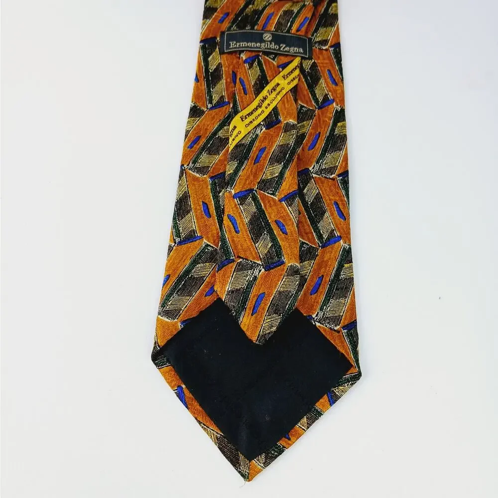 Ermenegildo Zegna Italy 100% Silk Tie Mustard Yellow Blue Green Black Geo Print